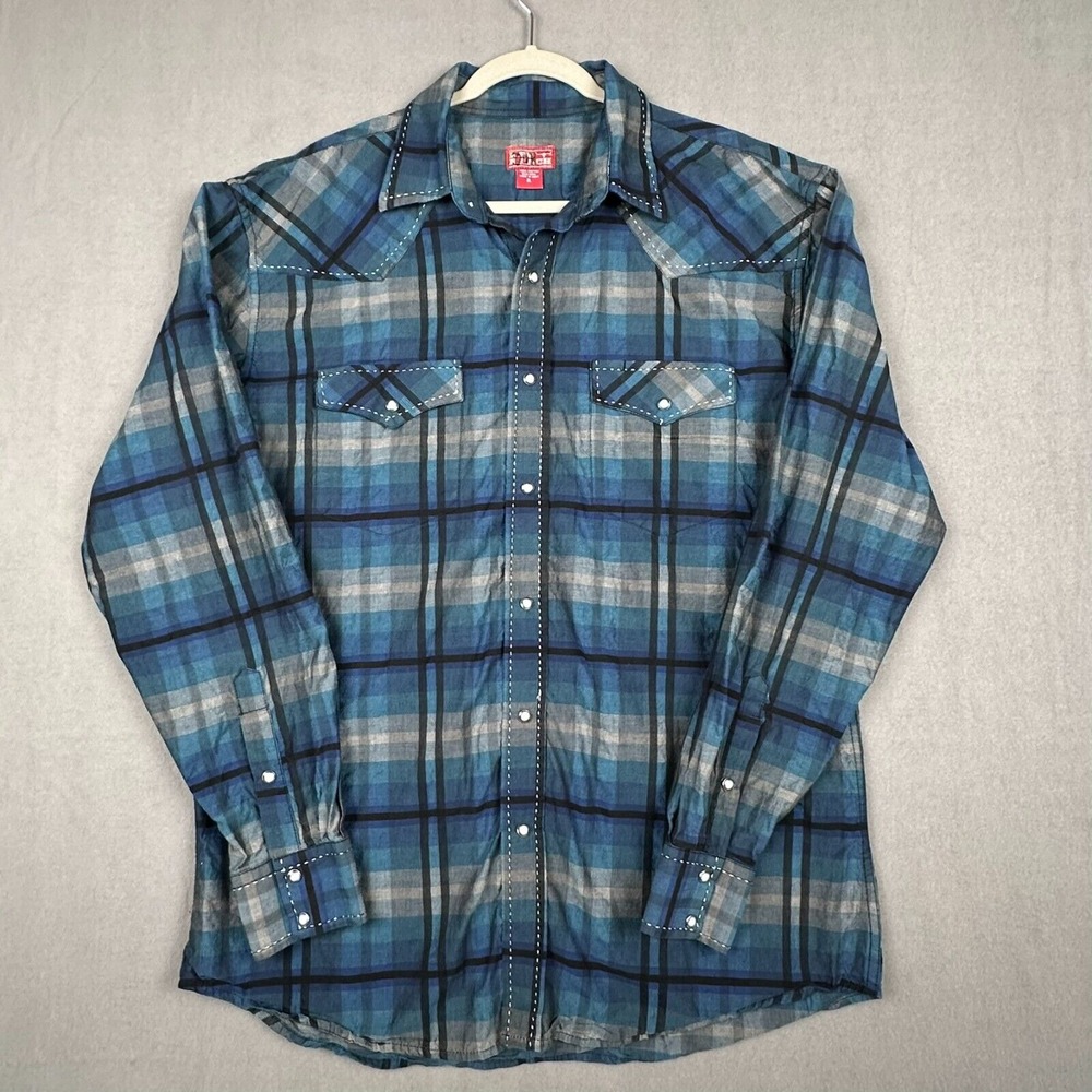 Red Ranch Pearl Snap Shirt XL‎ Blue Affliction Style Embroidered Y2K Western - Picture 2 of 14